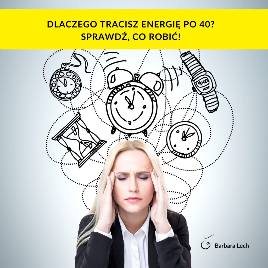 Kobieta po 40 łapie się za głowę/czoło. Utrata energii, kortyzol, prolaktyna. Jak odzyskać moc po 40. Z Dr Tadeuszem Oleszczukiem.
