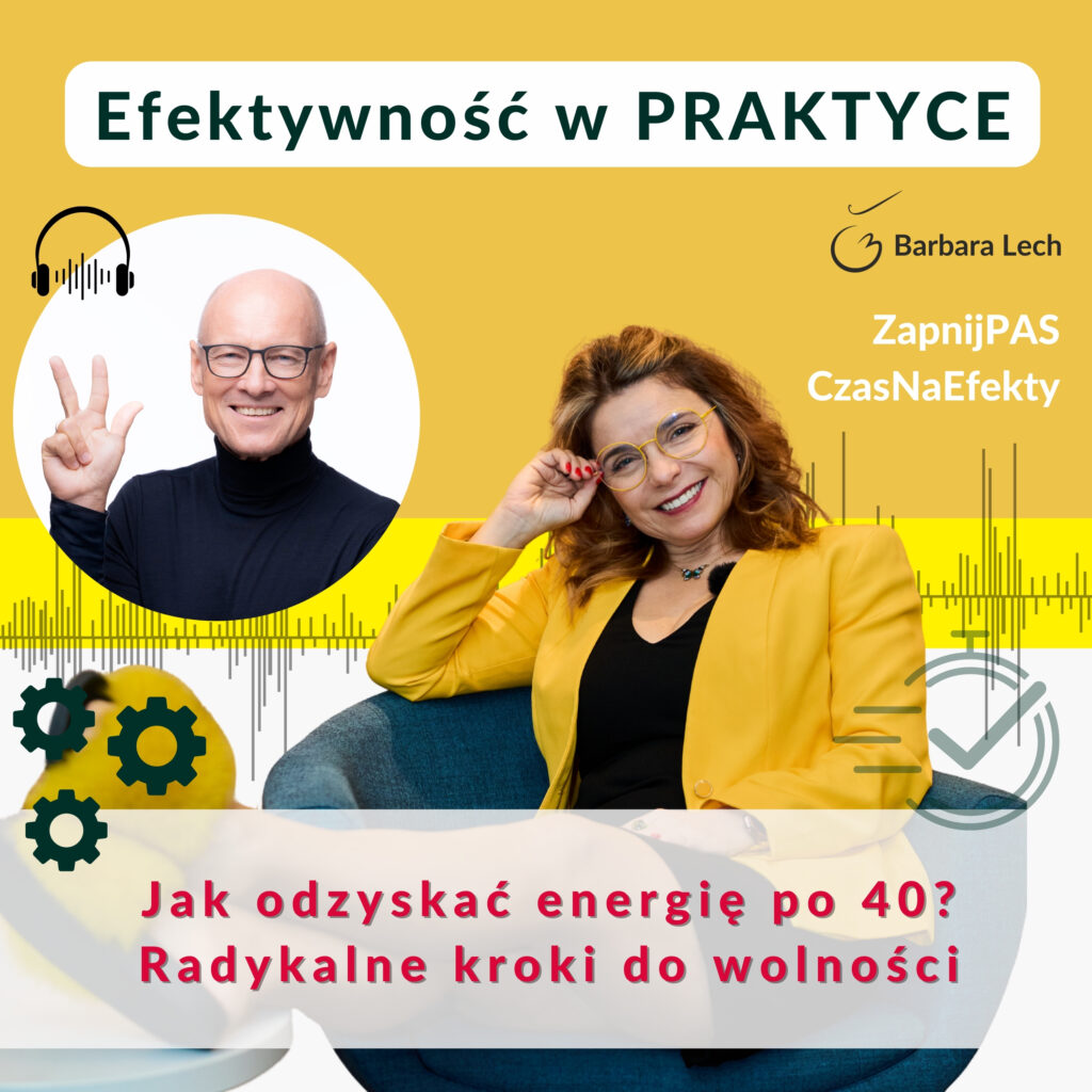 Portret silnej kobiety po 40, w tle mikrofon lub słuchawki, symbolizujące podcast. Kluczowe hasła: utrata energii, kortyzol, prolaktyna, Dr Tadeusz Oleszczuk
