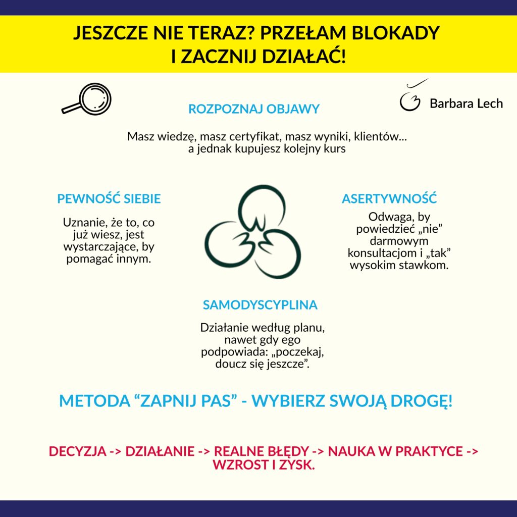 Infografika Basi Lech przedstawiająca metodę ZAPNIJ PAS oraz etapy przełamywania blokady Jeszcze nie teraz w biznesie.