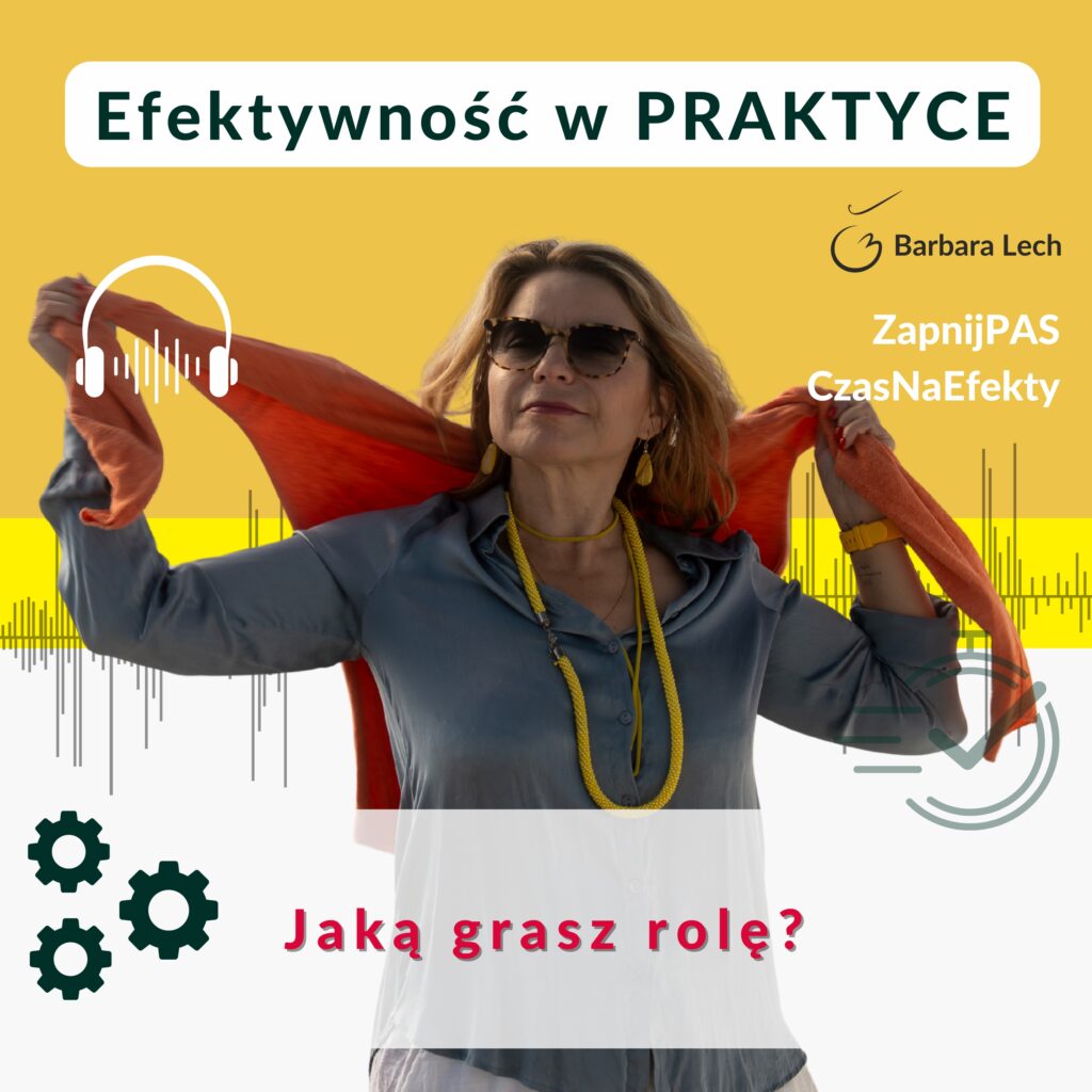 Basia Lech w okularach przeciwsłonecznych na żółtym tle promuje podcast Efektywność w Praktyce pod tytułem Jaką grasz rolę