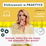 Barbara Lech na żółto-białym tle z gestem uciszania, obok ikona słuchawek i wykres fal dźwiękowych. Napis: Efektywność w PRAKTYCE oraz tytuł odcinka: System, który Cię nie łamie. Jak planować bez presji?