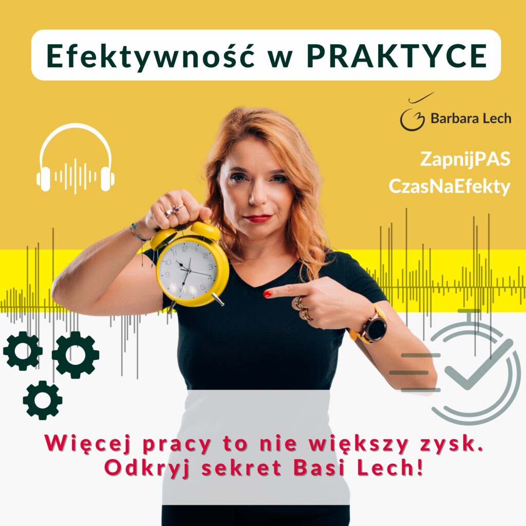 Barbara Lech w czarnym t-shircie trzyma w jednej ręce żółty budzik, a drugą ręką na niego wskazuje. Tło jest żółto-białe z grafiką fal dźwiękowych i kół zębatych. Na górze napis: Efektywność w PRAKTYCE, na dole: Więcej pracy to nie większy zysk. Odkryj sekret Basi Lech!