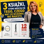 Kwadratowa grafika promocyjna w kolorach żółtym i granatowym. Po prawej stronie znajduje się zdjęcie Basi Lech. Po lewej widnieje duży tytuł „3 książki, które nauczą Cię tego, czego nikt Cię wcześniej nie nauczył”. Na dole pokazane są okładki książek „Esencjonalista”, „Jedna rzecz” oraz „12-tygodniowy rok”.