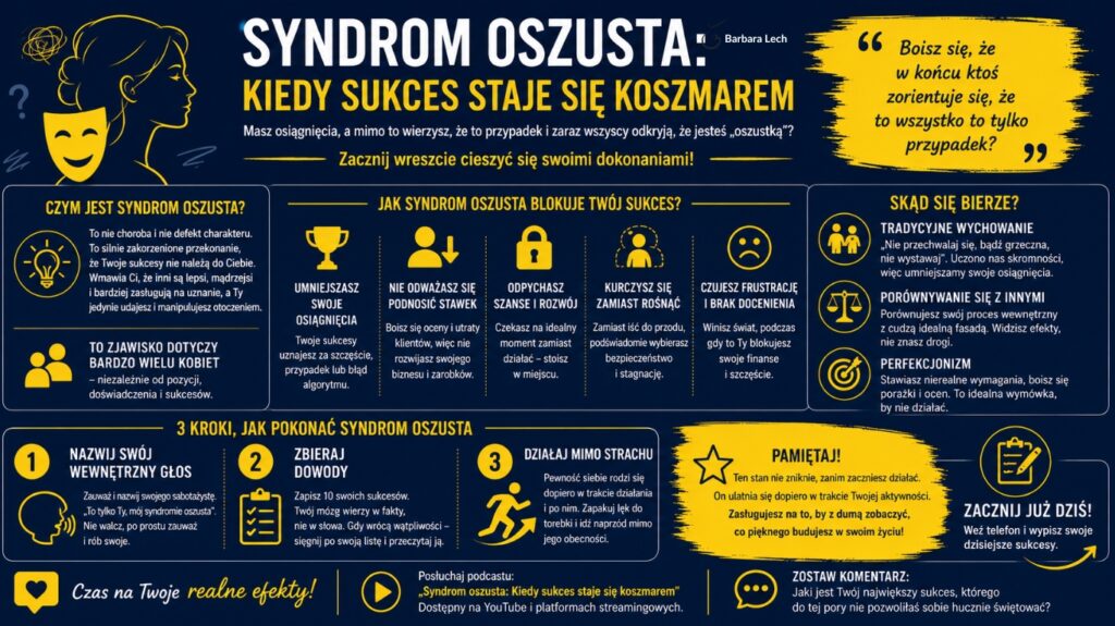  Infografika w kolorach granatowym i żółtym wyjaśniająca, czym jest syndrom oszusta, skąd się bierze, jak wpływa na rozwój zawodowy i osobisty oraz przedstawiająca trzy kroki pomagające go pokonać: nazwanie wewnętrznego krytyka, zbieranie dowodów własnych sukcesów oraz działanie mimo strachu.