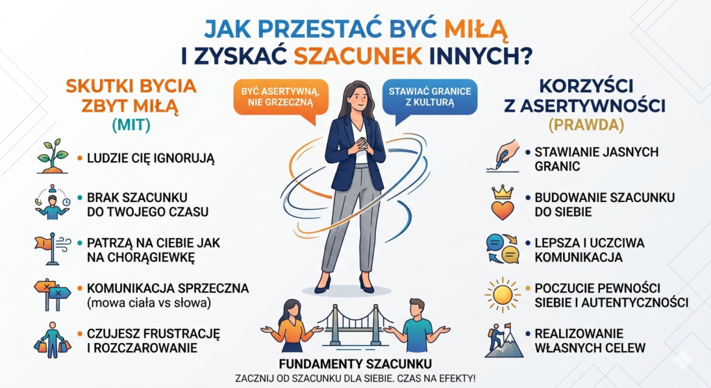 Infografika Basi Lech: Jak przestać być miłą i zyskać szacunek innych. Porównanie skutków bycia zbyt miłą z korzyściami z asertywności i stawiania granic.