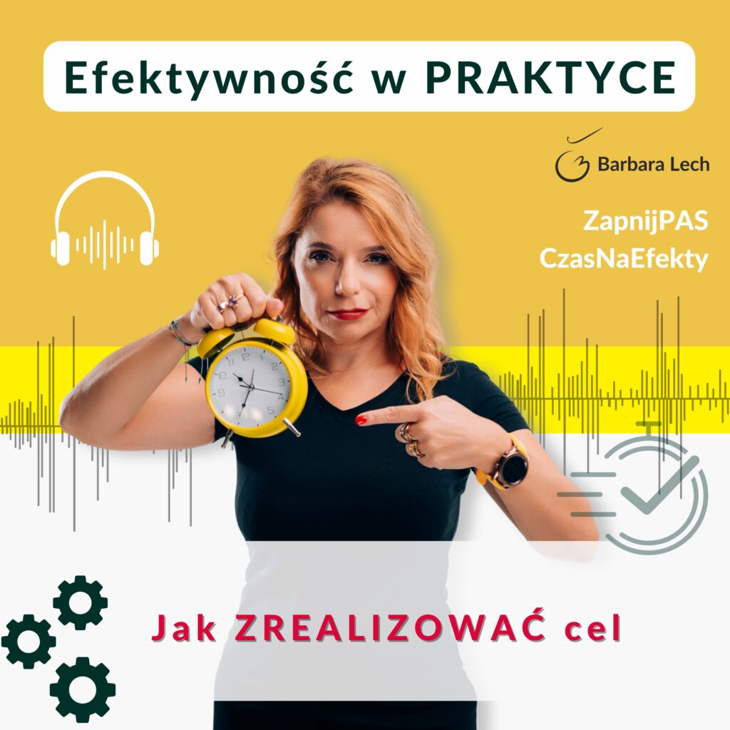 Okładka podcastu Barbary Lech z napisem Jak ZREALIZOWAĆ cel. Zdjęcie Basi Lech trzymającej żółty budzik i wskazującej na niego palcem, z ikoną słuchawek i fali dźwiękowej.