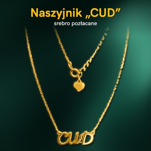 Naszyjnik CUD, srebro pozłacane, na ciemnozielonym atlasie